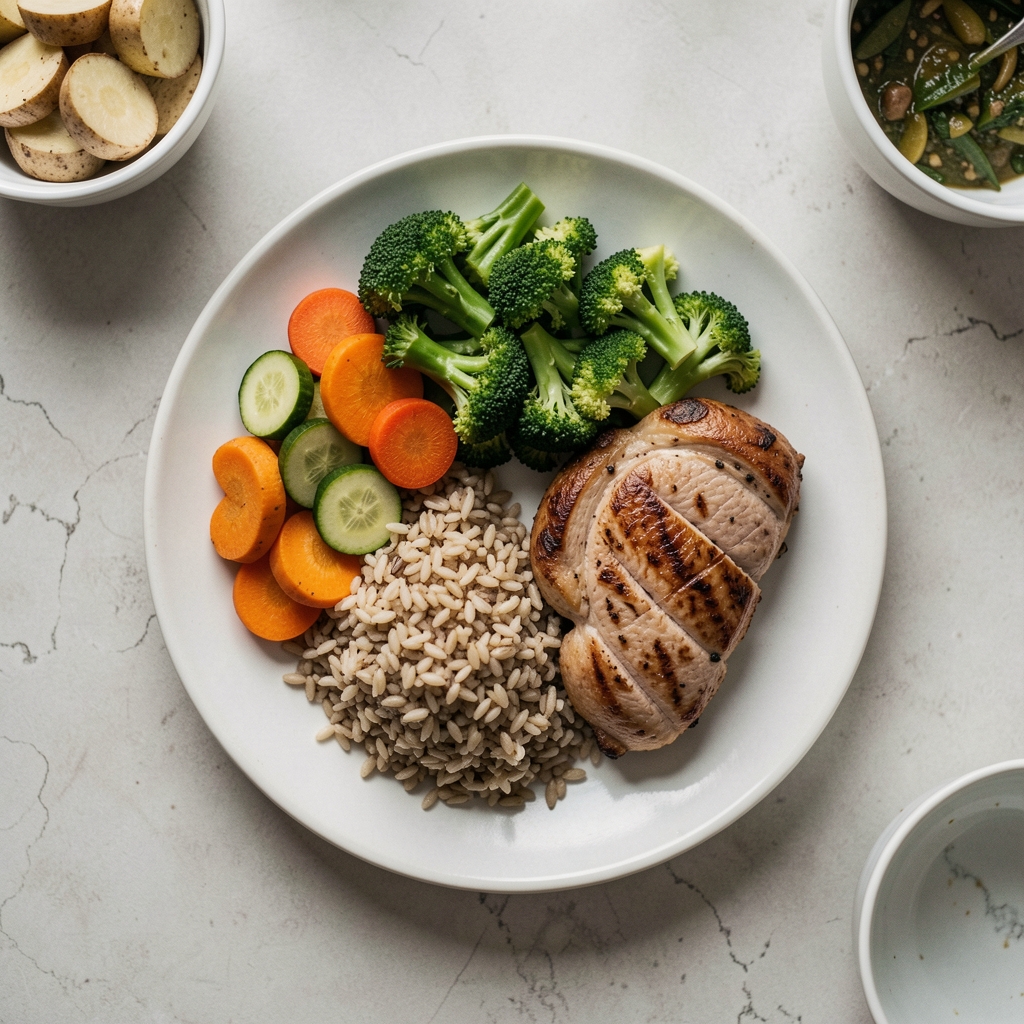 Overhead view of a balanced home-cooked dinner plate with vegetables, whole grains, and a protein portion, natural kitchen light