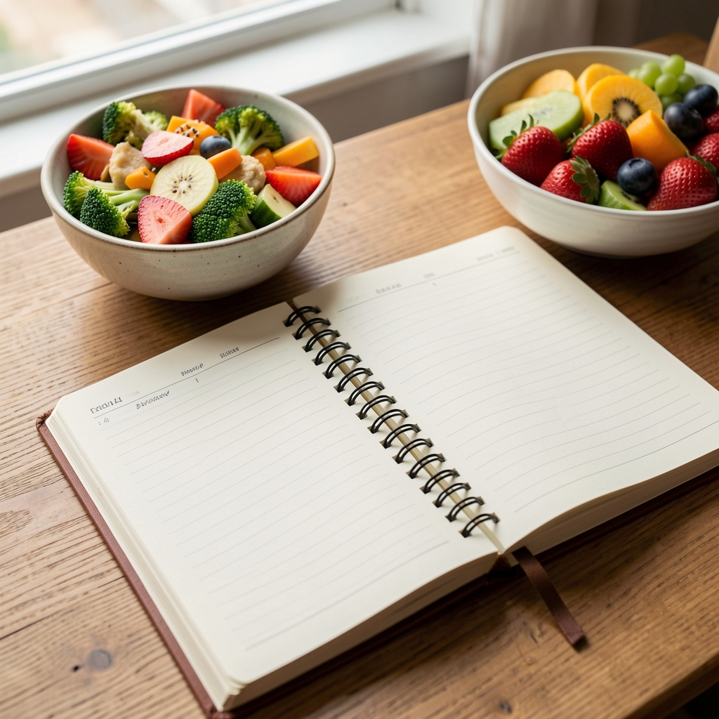 Close-up of a food journal open on a wooden desk beside a bowl of mixed vegetables and fruit, morning natural light